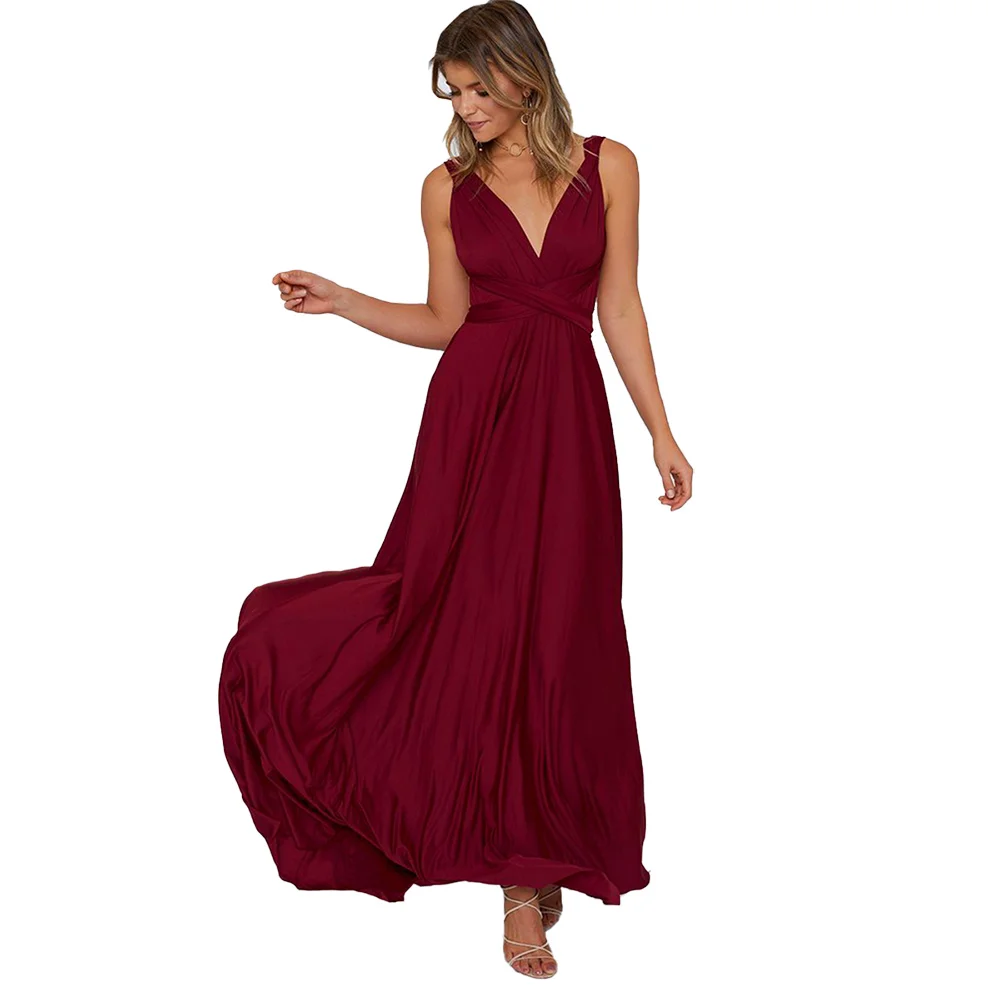 Женское длинное платье с открытой спиной красное Повседневное без рукавов V