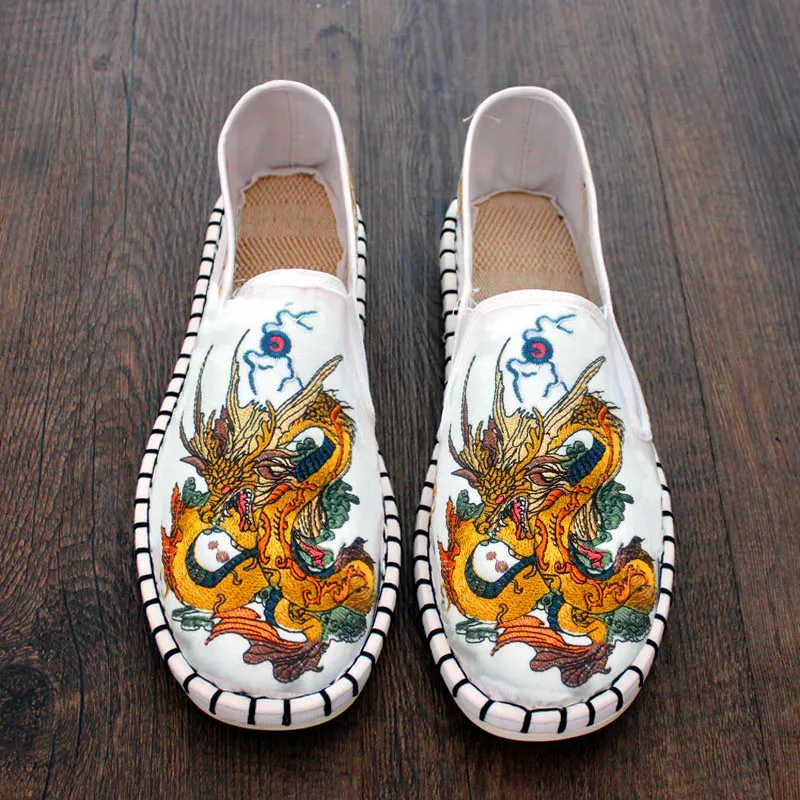 Эспадрильи мужские на плоской подошве холщовые туфли с вышивкой лоферы