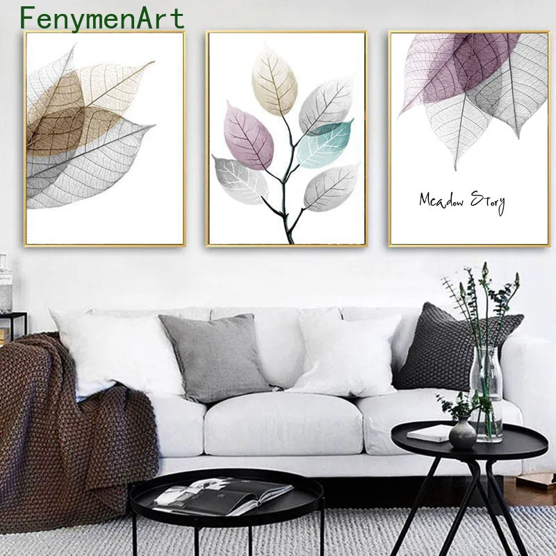 

Modern Transparent Colorful Leaves Canvas Painting Nordic Wall Art Minimalist Posters and Prints Pictures For Living Room Decor