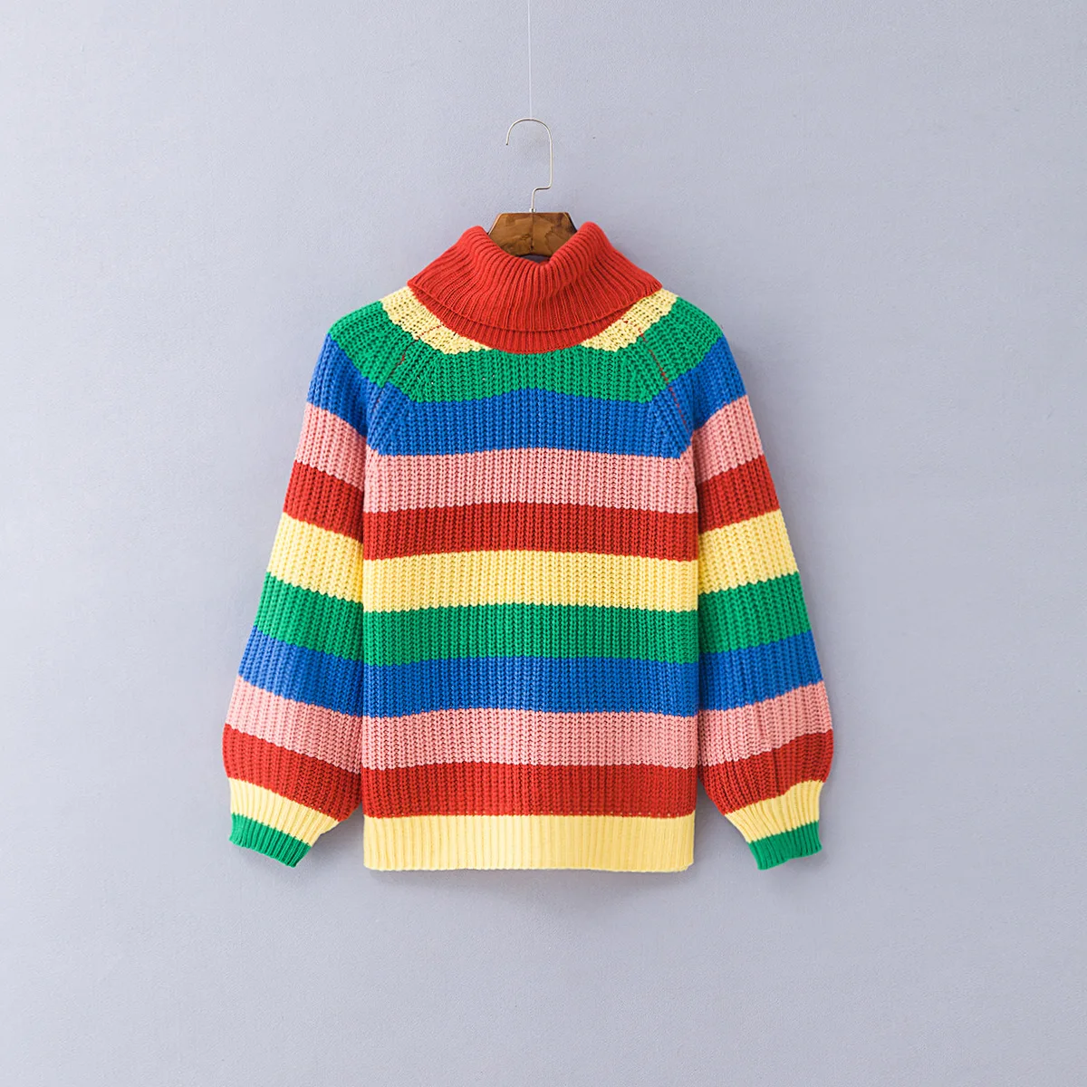 

Zoulv2020 Autumn/Winter New Casual Sweet Beauty Dress Rainbow Color Stripes Knitted Turtleneck Pullover Plus Size Sweater Jacket