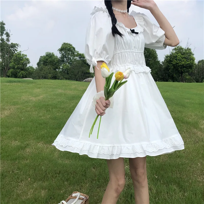 

Japanese Sweet Kawaii Lolita Style Elegant Princess Dress Summer Women Dress 2020 Summer Lace Splicing Square Collar Bow Dresses