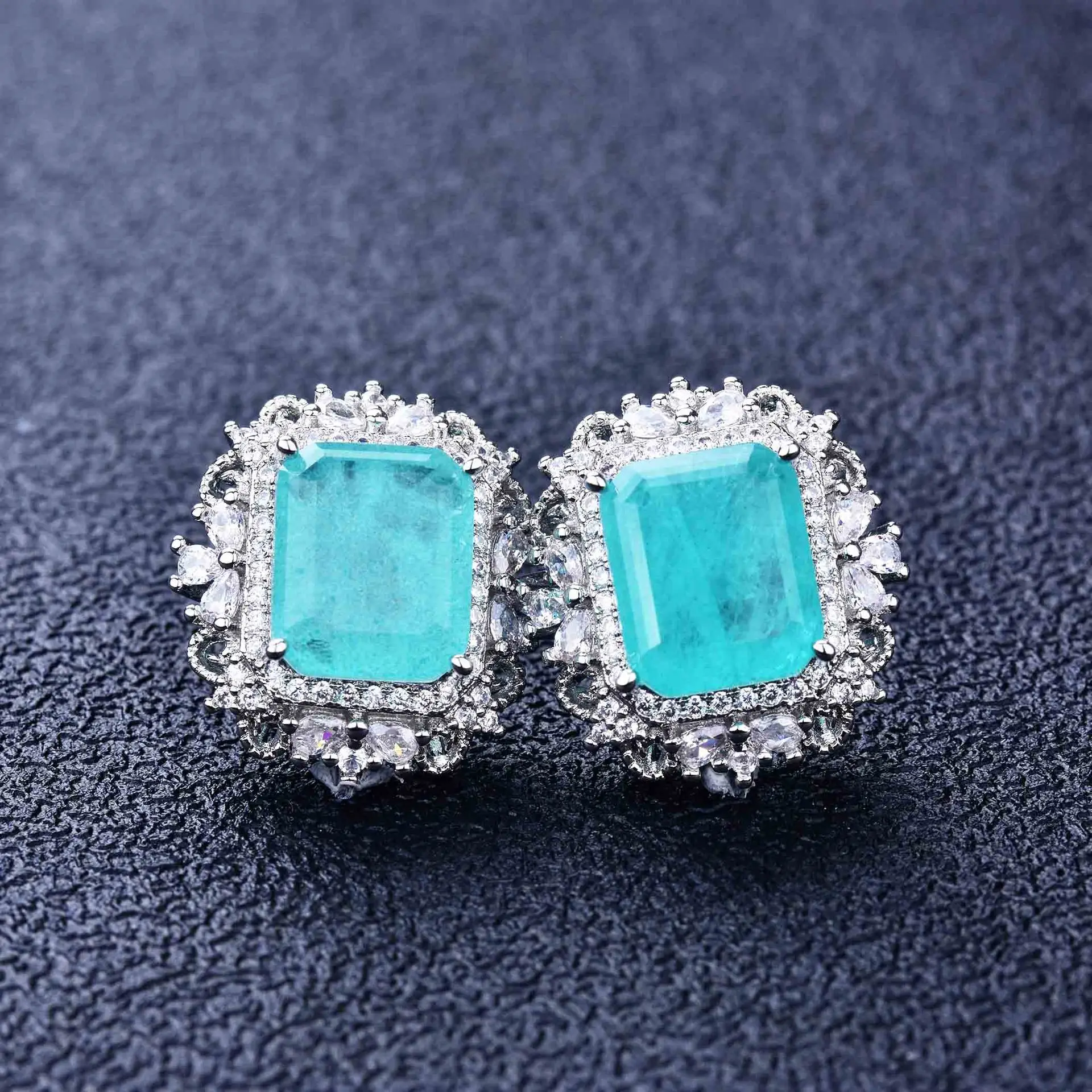 

European Paraiba Tourmaline Square Pendant Necklace Stud Earring with Pave Cyan Blue CZ 2021 New Top Women Jewelry Fashion Trend