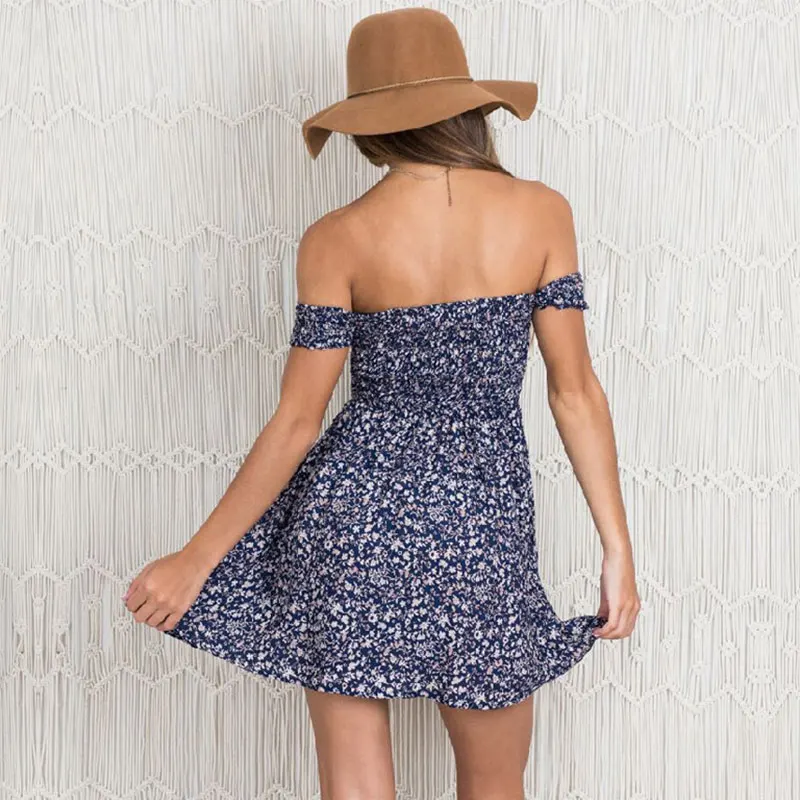 

Spring Summer Print Dress Women Short Off The Shoulder Dress Sweet Sexy Slash Neck Slim Women Strapless Party Dress Office Lady