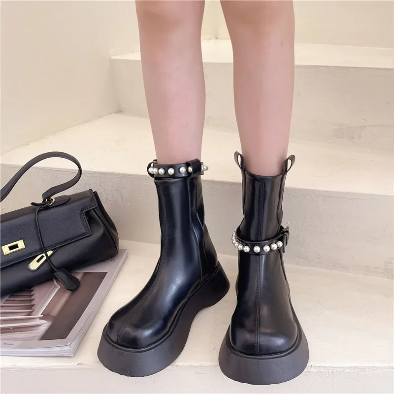 

Женские ботинки, женская обувь, осенние ботинки, женская зимняя обувь, роскошные дизайнерские ботинки до середины икры из резины с круглым н...