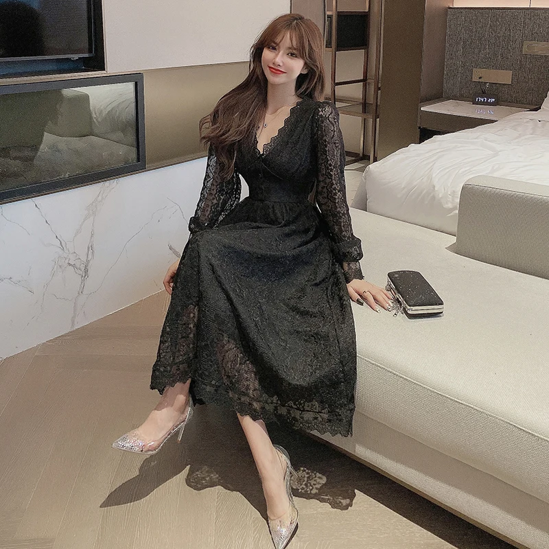 

French Style 2021 Spring New V-neck Lace Dress Women's Long Sleeve Waist Slimming Match with Coat Dress