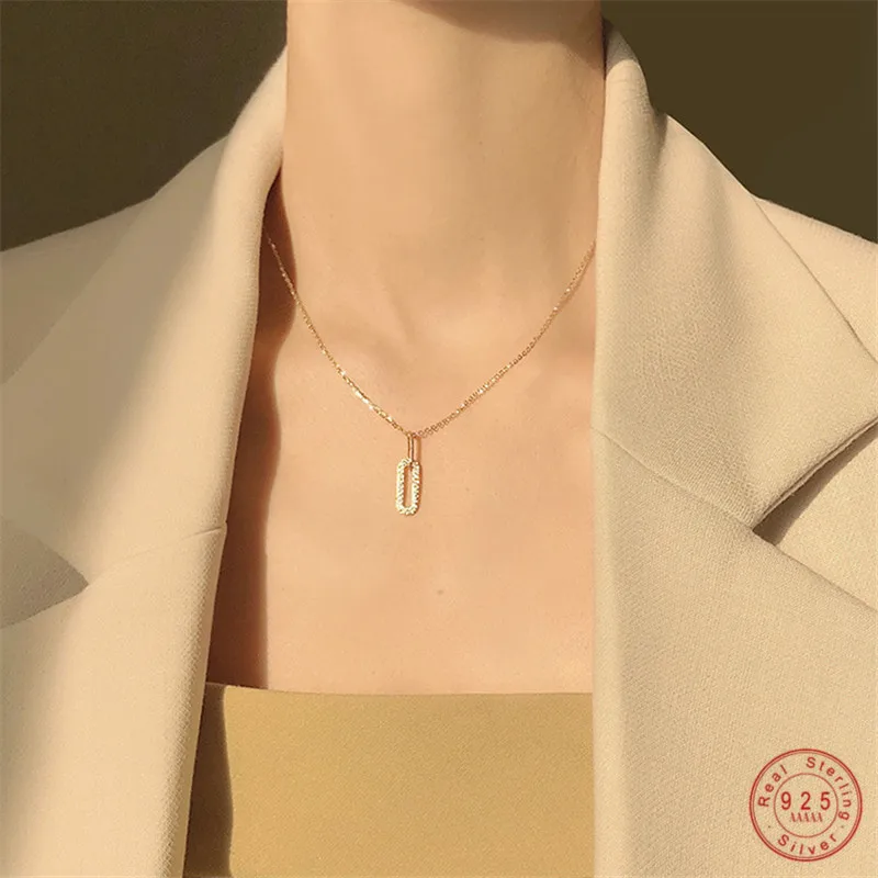 

925 Sterling Silver 14K Gold Plated Necklace Simple Temperament Shiny Zircon Pendant Necklace for Women Gift Party Accessories