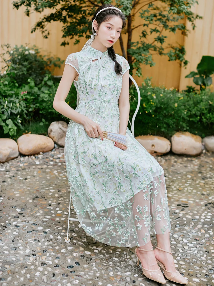 

Make spot fairy love net yarn improved qipao dress very heavy embroidery cultivate one's morality