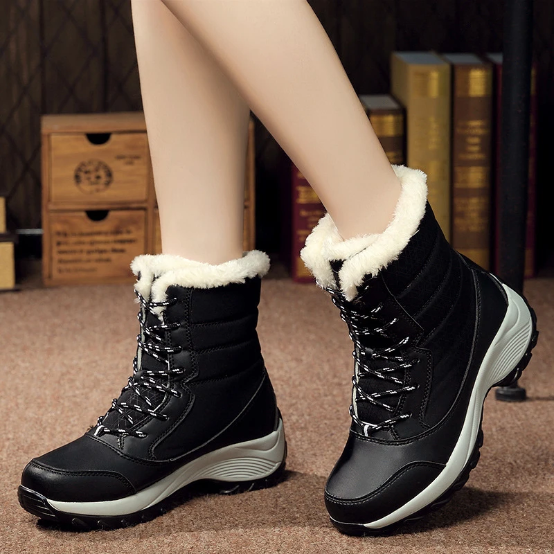 

2021 New Women's Snow Boots Fashion Winter Waterproof Fur Lined Frosty Warm Anti-Slip Boots Mid-Calf Lace-up Black High Boots