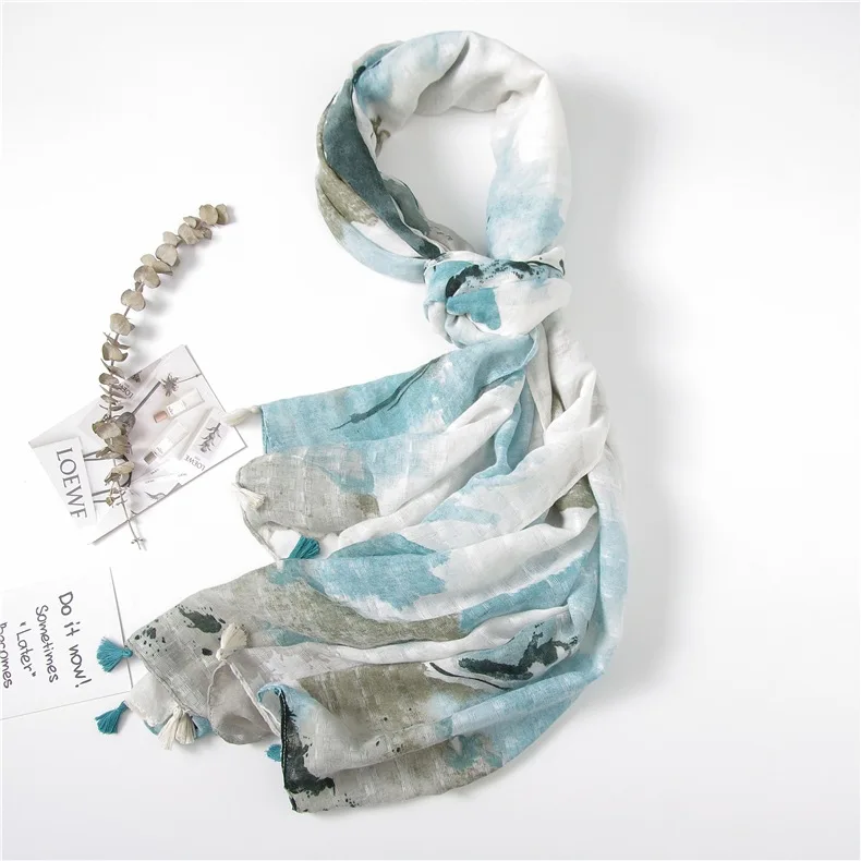 

Женский весенне-летний легкий хлопковый шарф-накидка в китайском стиле с тропическим цветочным принтом и кисточками, Пляжная шаль-накидка