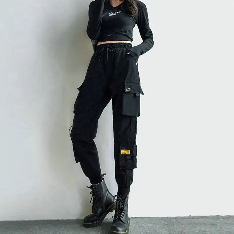 

Women's Cargo Pants Black Ribbon Pocket Jogger Elastic Waist High Streetwear Harajuku Pant Punk Females Trousers Harem Pants