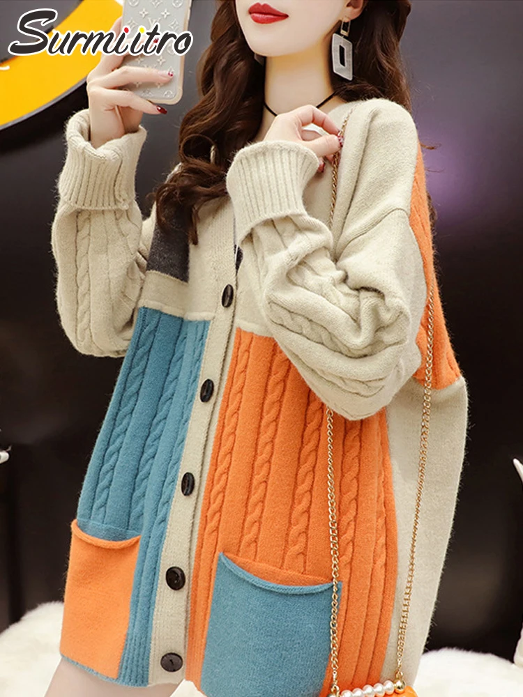

SURMIITRO 2021 Модный осенне-зимний толстый теплый Y2k вязаный кардиган женский корейский стиль пэчворк длинный рукав женский свитер куртка