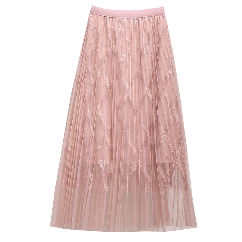 

Summer Beading Mesh Midi Skirt Female Leisure High Waist A Line Pleated Tulle Skirt Fashion Korean Style Long Skirts for Women