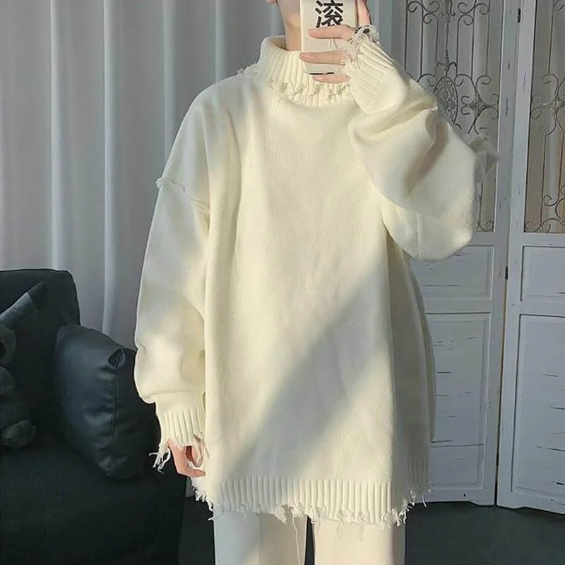 

Autumn Winter Ripped Edges Irregular Frayed Sweaters Couples Trend Loose Half High Collar Sweater Men and Women Solid Color Tops