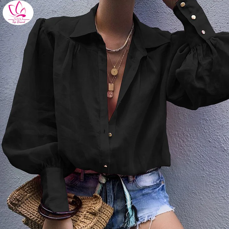 

Женская Осенняя блузка с рукавами-фонариками и отложным воротником