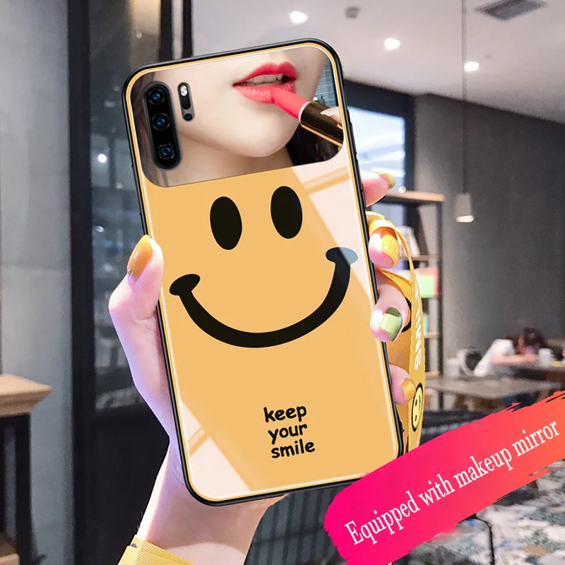 Стеклянный чехол со смайликом для Huawei P30 P40 pro зеркальный ремешок макияжа mate 20 30 nova