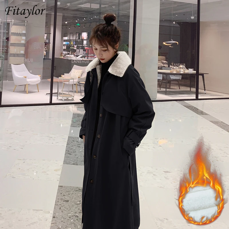 Fitaylor Spring Black Trench Coat Women Warm Long Lamb Wool Lining Jacket Khaki Thickening Windproof Street Wear Female Outwear | Женская