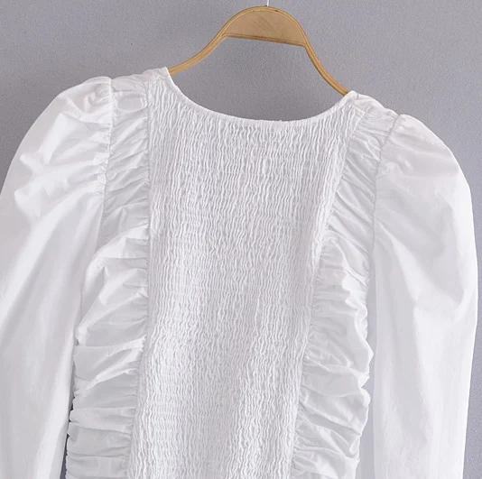 

2020 women's solid color stretch poplin pullover square neck pleated stretch slim puff sleeve temperament shirt
