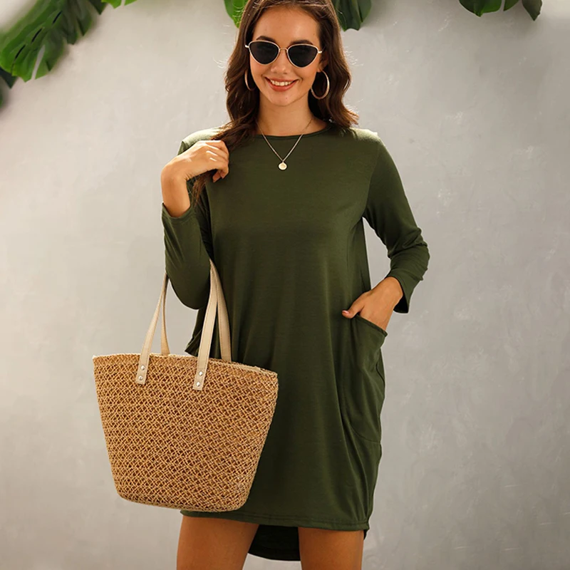

Casual Wear 2021 Dress Plus Size 5xl Women Irregular Hem Baggy Dress Pocket Sukienka Long Back Short Front Dress Solid Loose Fit