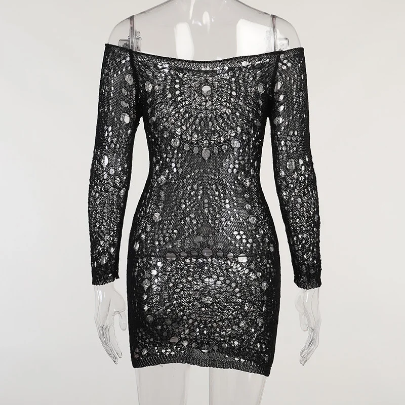 

Summer New One Shoulder Slim Women Dress Sexy Long Sleeve Pencil Dresses Lace Hollow Out High Quality Dress