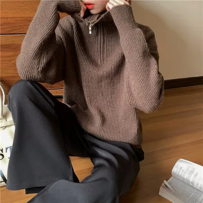 

Winter Women's Top Loose Stand Collar Zipper Long Sleeve Pullover Sweater