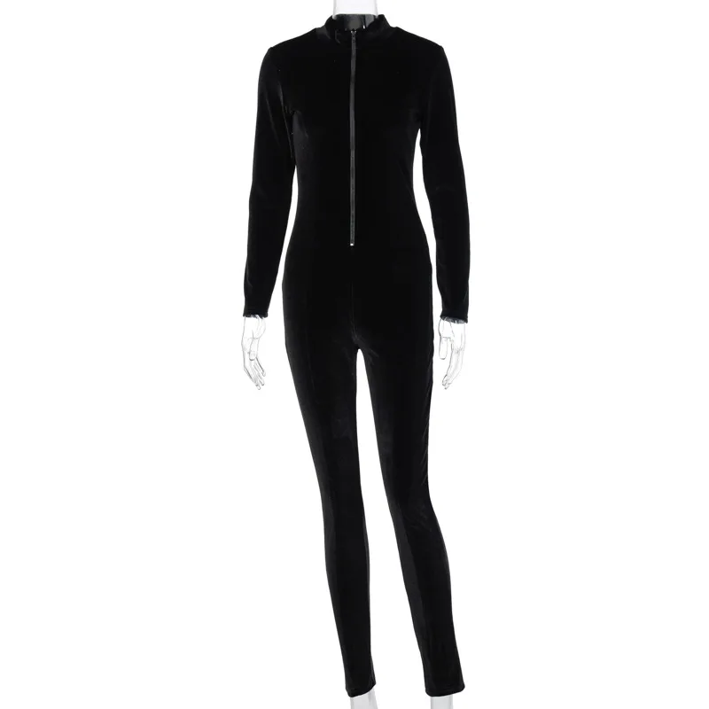 

Women Autumn Long Sleeve Zipper Up V Neck Skinny Jumpsuits Street Fashion Show Thin Casual Velour Rompers Vintage Female Outfit