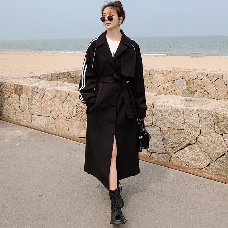 

Black Windbreaker Jacket Female Spring Autumn Long Loose Temperament Lapel High Quality Ladies Cloak Sports Leisure Women's Coat