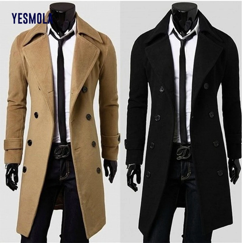 Осенне-зимнее Мужское пальто YESMOLA теплый шерстяной однотонный длинный Тренч