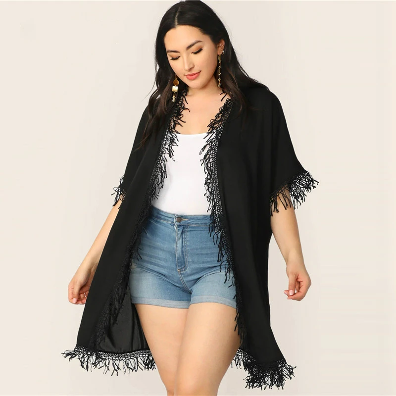 SHEIN плюс размер черное однотонное кимоно с кисточками 2019 женское весенне летнее