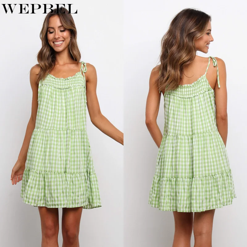 

WEPBEL Women Summer Plaid Strap Dress Ladies Elegant Sleeveless Halter Ruffle Mini Dress
