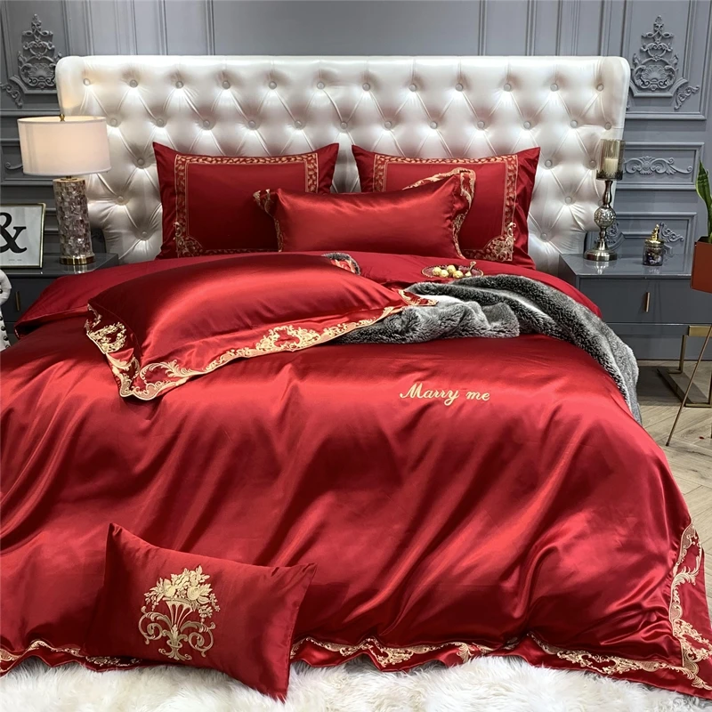 

Royale Palace Wedding Bedding Set Red Embroidery Romantic Princess Bed Linen Euro Bedspread Pillowcase