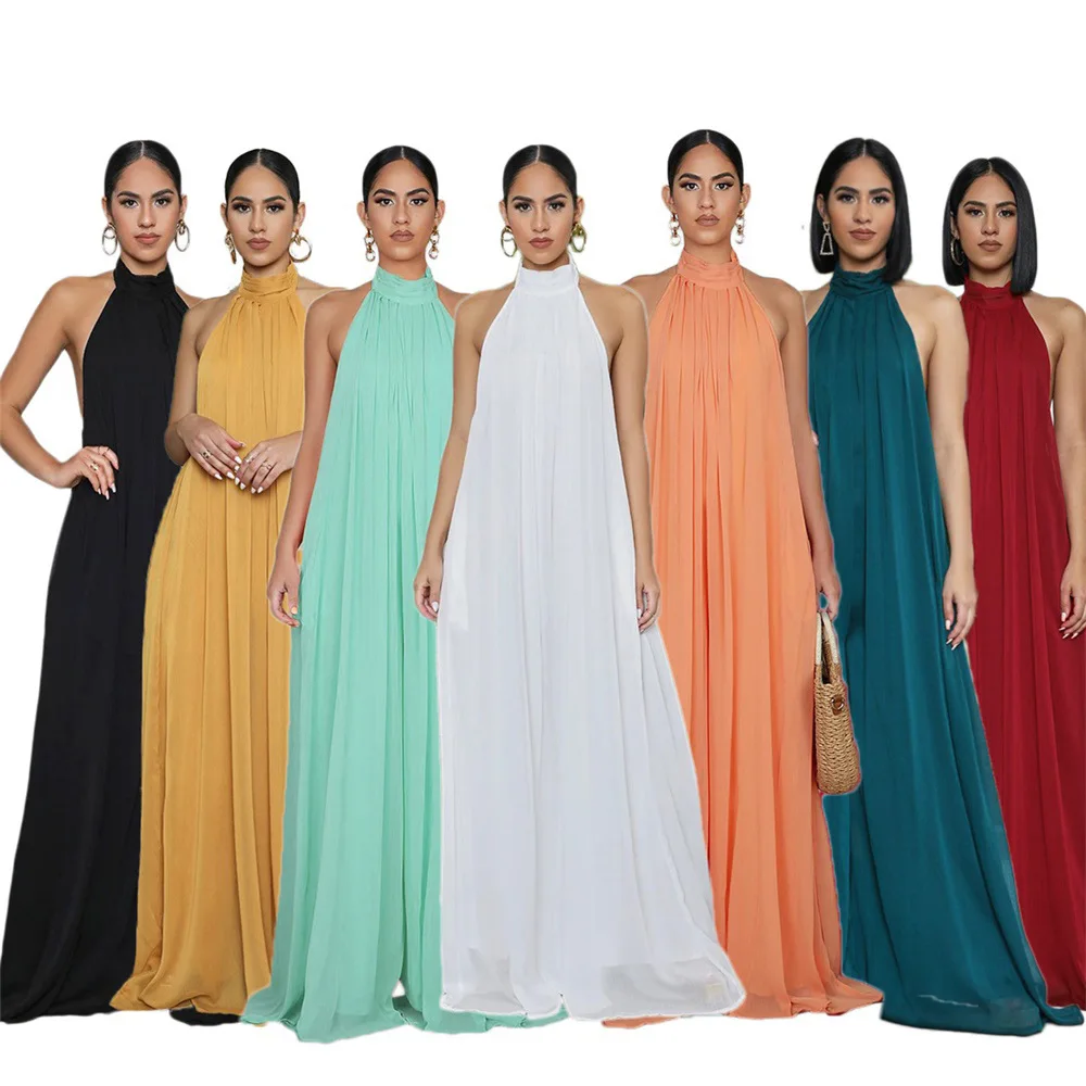 

Women Pleated Elegent Wide Leg Rompers White Party Club Jumpsuit Chiffon Halter Backless Jumpsuits