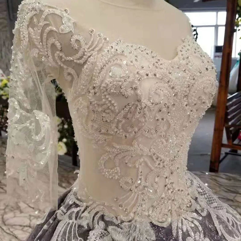 LSS383 grey women occasion dress ball gown o-neck long sleeve curve shape prom dress pleat skirt lace up back dress brush train