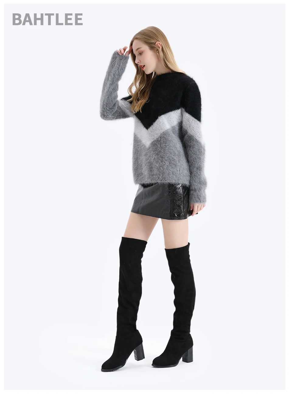 BAHTLEE Women Angora V-neck Pullovers Sweater Autumn Winter Wool Knitted Geometric Designs Jumper Long Sleeves Loose style