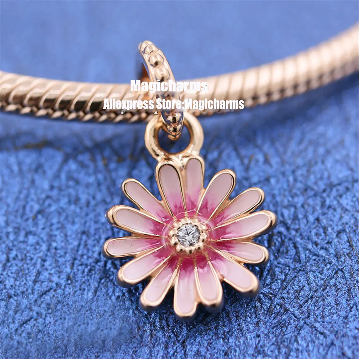 

925 Sterling Silver & Rose Gold Plated Pink Daisy Flower Dangle Charm Bead Fits All European Pandora Bracelets Necklaces