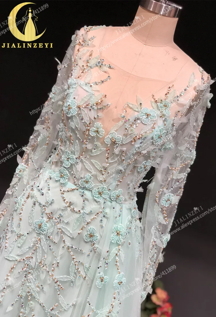 Rhine real Pictures light Green Long SLeeves Beads with gold beads arabic formal dress evening dresses long