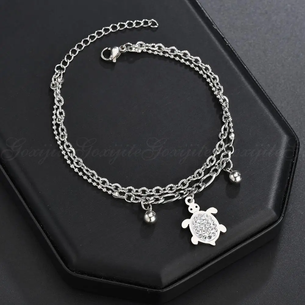 Goxijite Cute Turtle Double Layer Bangle Bracelet Stainless Steel CZ Stones Charm Adjustable Jewelry Kids Gift | Украшения и