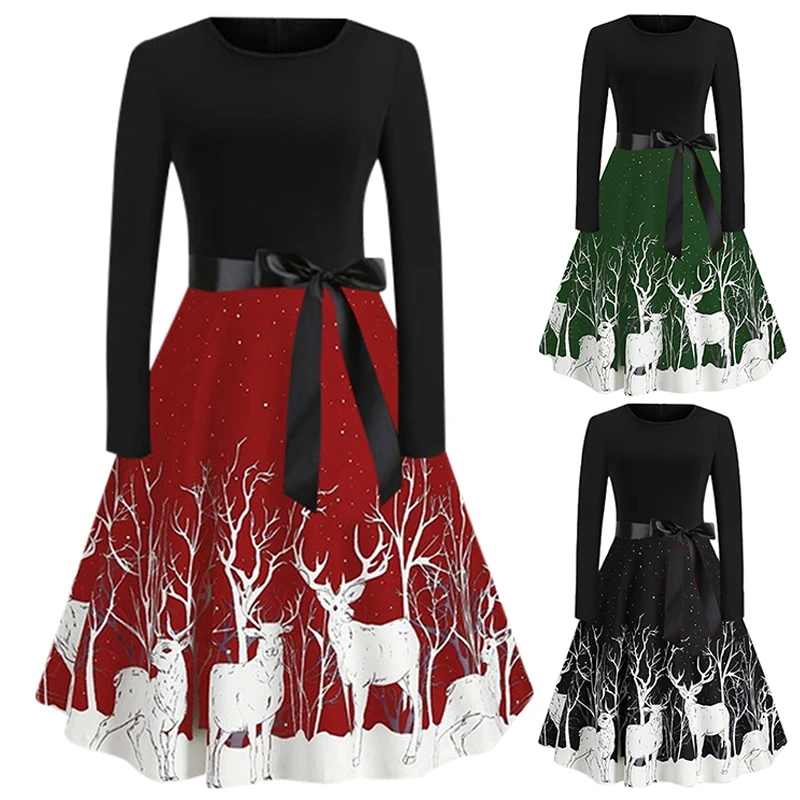 

Women'S Fashion Christmas Long Sleeve Round Neck Casual Print Dress
