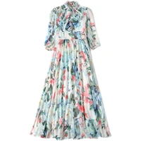 banulin summer runway fashion long vacation dress women 34 sleeve elegant bow floral print chiffon boho midi dress n77036