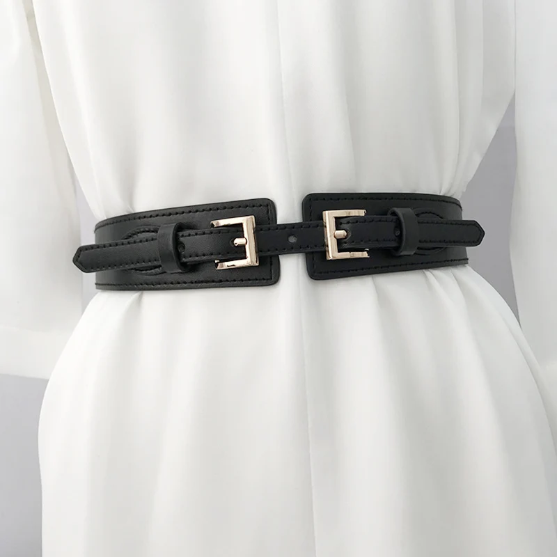 Women Elastic Wide Waist Belt Fashion Design Double Buckle Elastic Ladies  Decorative Waistband Lady Dress Coat Cummerbunds Belt