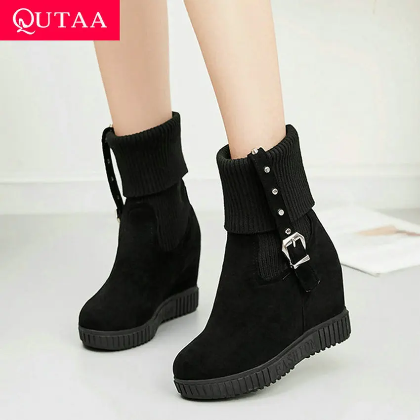 Женские ботильоны на танкетке QUTAA черные ботинки из флока с круглым носком