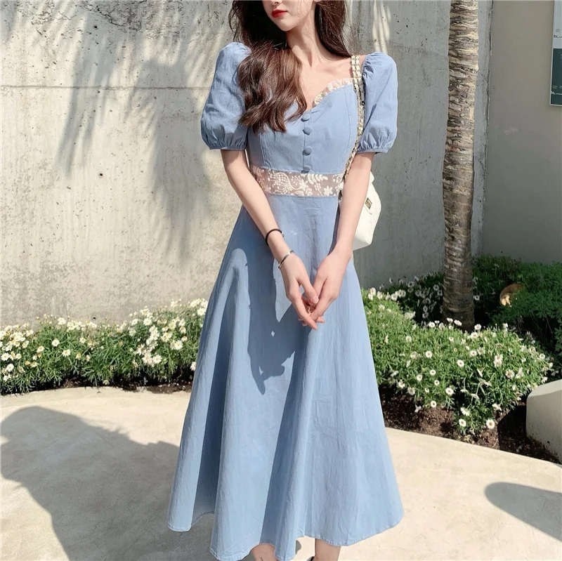 

Short Sleeve Dresses Women Blue Original Design Lace Patchwork Empire Elegant Summer Classic Square Collar Temperament Vestidos
