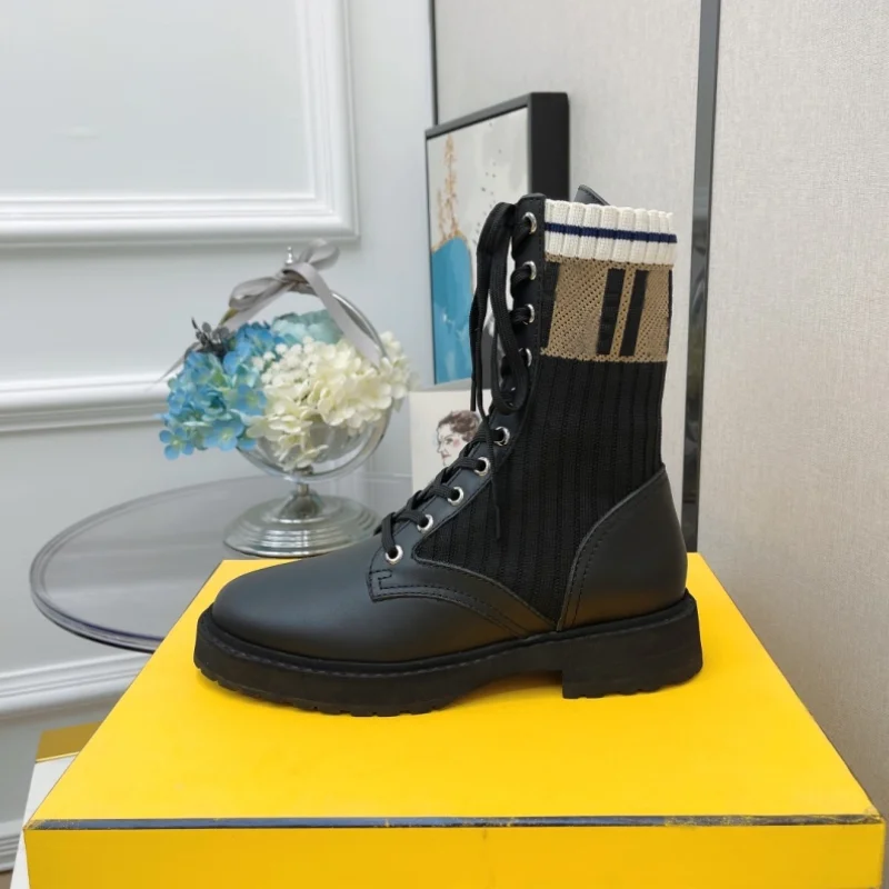 

Autumn and Winter Fashion 2021 Women's Stretch Fabric Letter Jacquard Cow Leather Mixed Colors Splice Female Martin Boots Shoes
