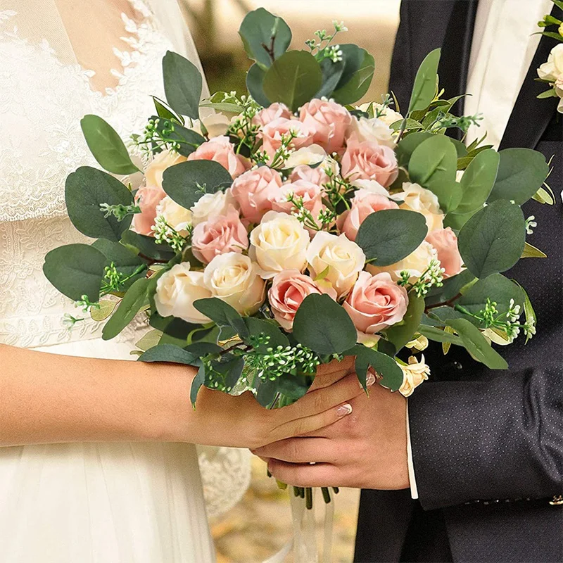 

34Pcs Artificial Rose Flowers Silk Flowers Rose Eucalyptus Leaves Stems for Home Wedding Party Decor