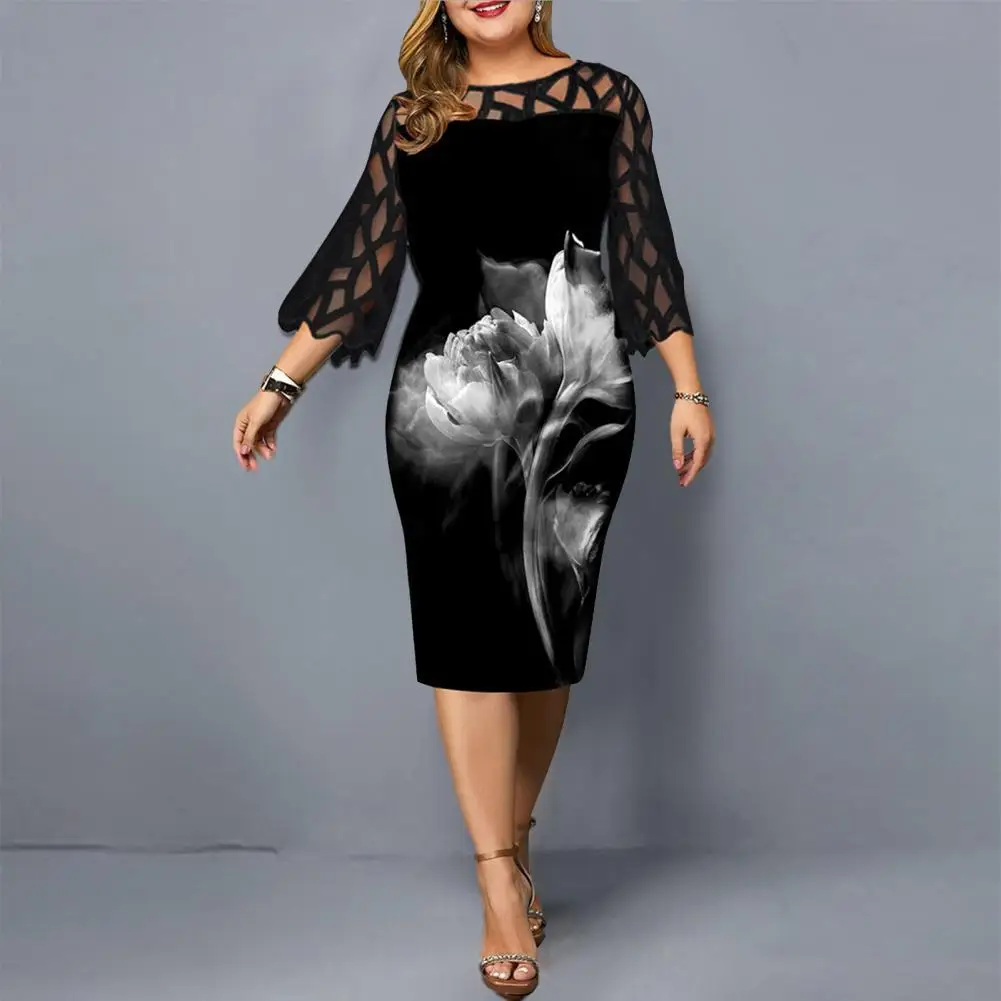 

Stylish Women Dress Bodycon Women Floral Print Mesh Patchwork Bodycon Dress Party Dress Knee-length Dress