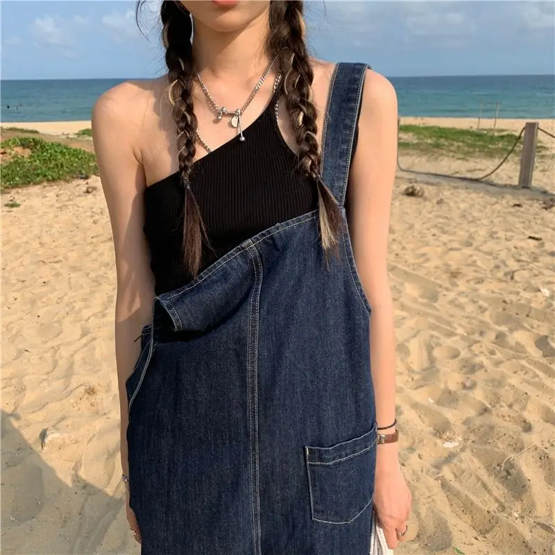 Комбинезон женский джинсовый с карманами свободный элегантный винтажный