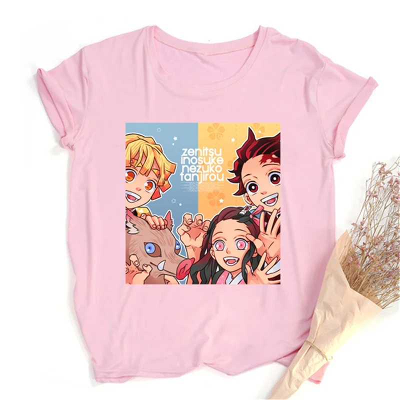 

Kawaii Мультфильм лезвие призрака графический принт розовая Женская футболка рассекающий демонов киметасу No Yaiba аниме клинок демона крутые То...