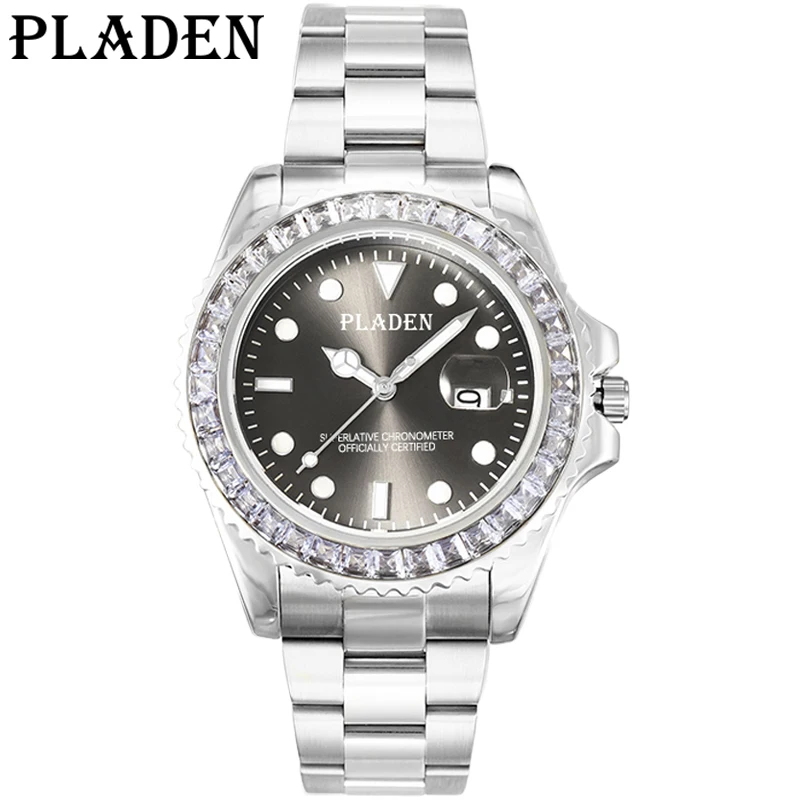 PLADEN Silver Wrist Watches Male White Square Diamond Professional Threaded bottom Quartz Relogio Swim Men Gift Zegarki Meskie
