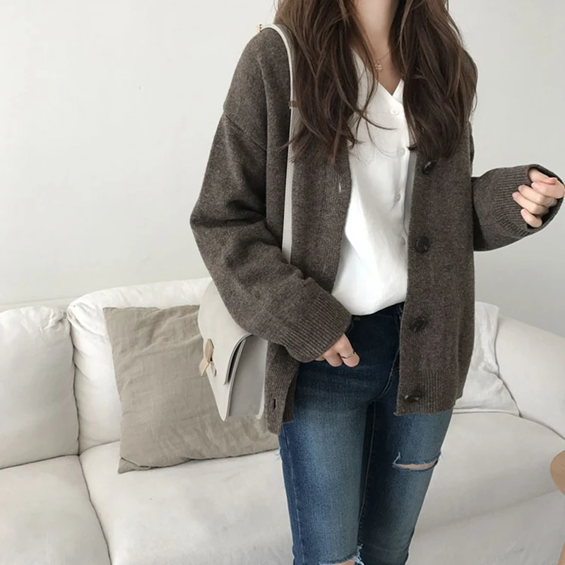 Осенний свитер кардиган с V-образным вырезом зимний Хлопковый вязаный джемпер