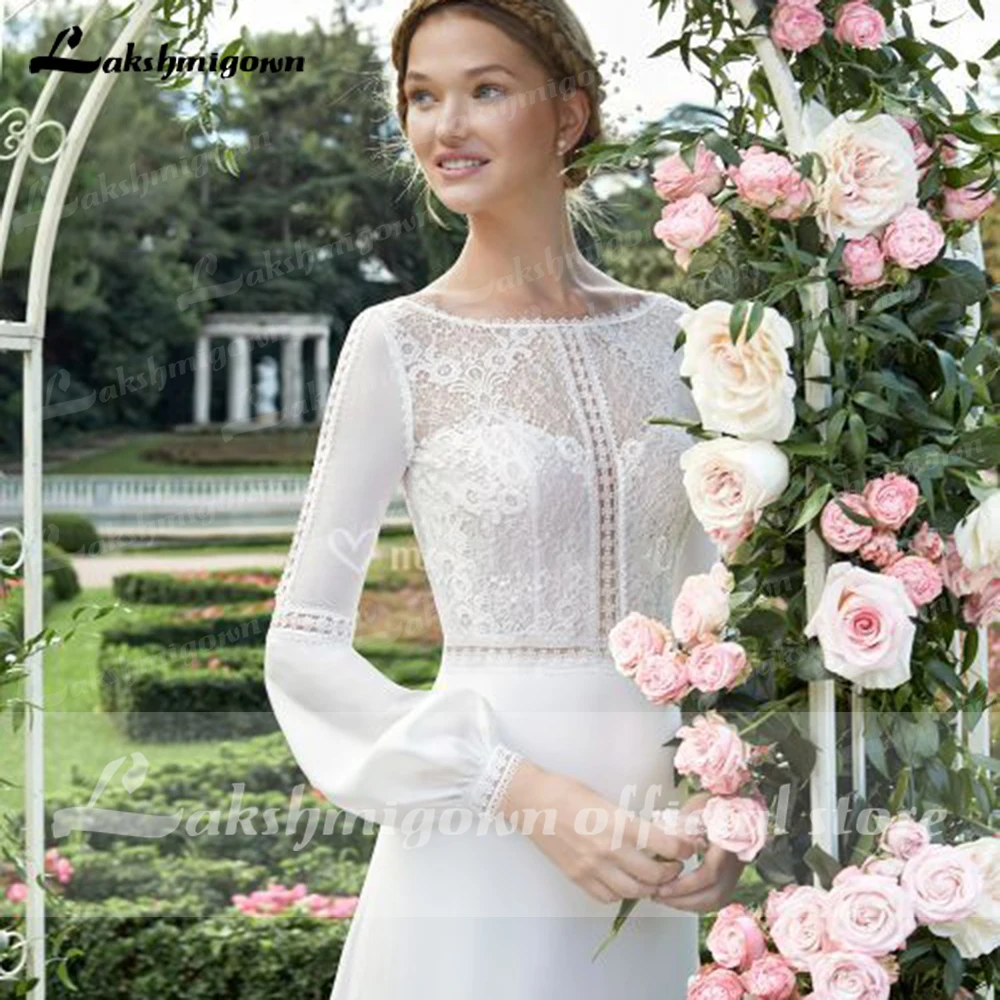 

Vintage Long Sleeves Chiffon Lace Boho Wedding Dress Transparent Back Beach Backless Elegant A Line Round Neck Bridal Gown