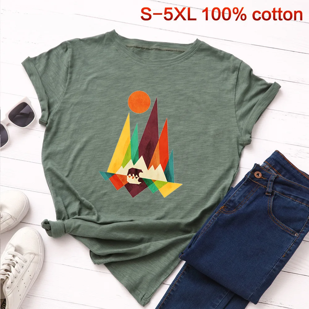 Harajuku футболка с Горным принтом Женская хлопковая летняя круглым вырезом и